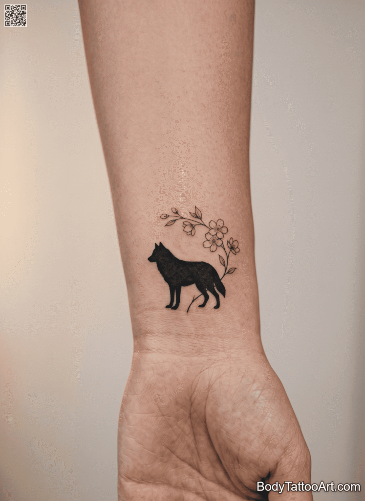 Tiny Wolf Silhouette With A Single Blossom Branch