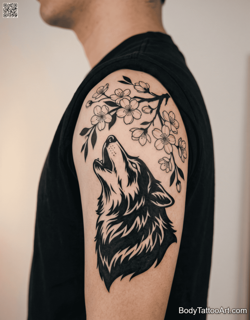 Blackwork Cherry Blossom With Wolf Tattoos