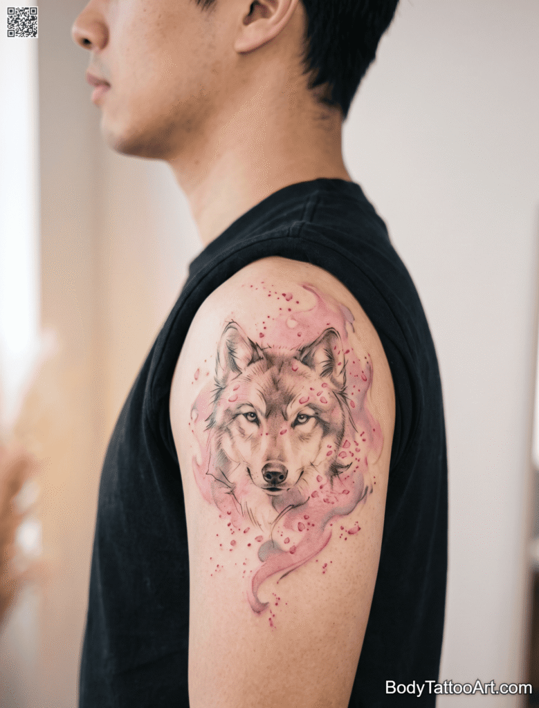 Watercolor Cherry Blossom With Wolf Tattoos