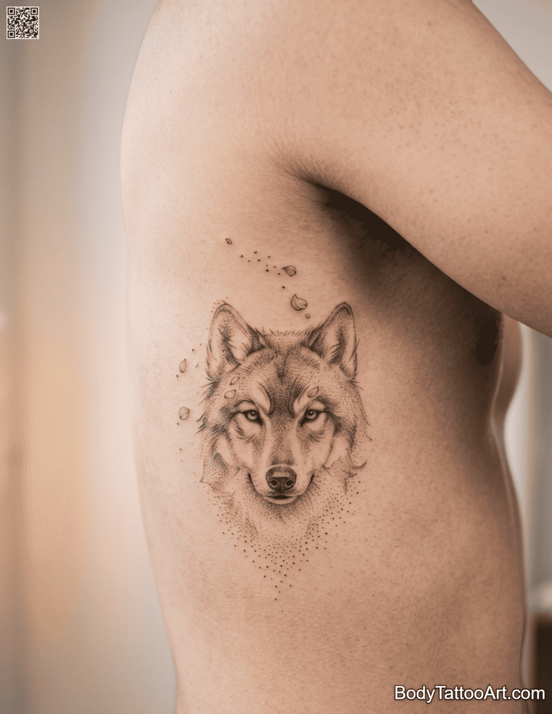 Dotwork Cherry Blossom With Wolf Tattoos