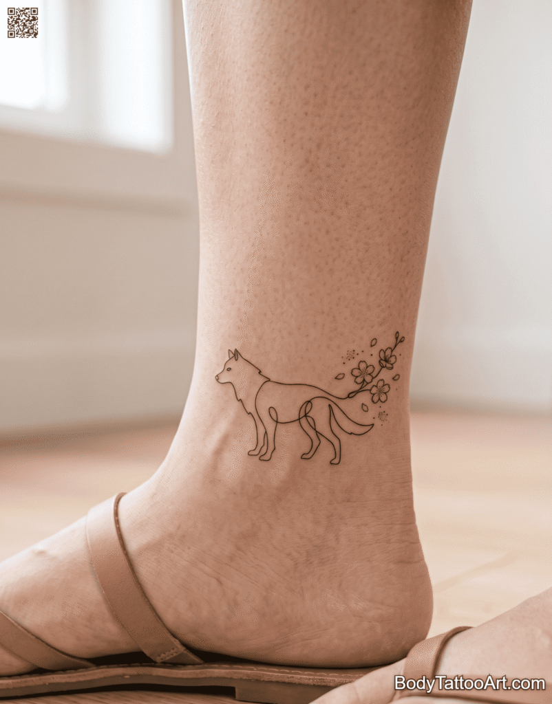 Minimalist Cherry Blossom With Wolf Tattoos