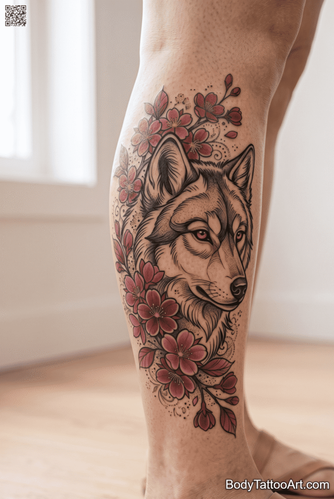 Neo-Traditional Cherry Blossom With Wolf Tattoos