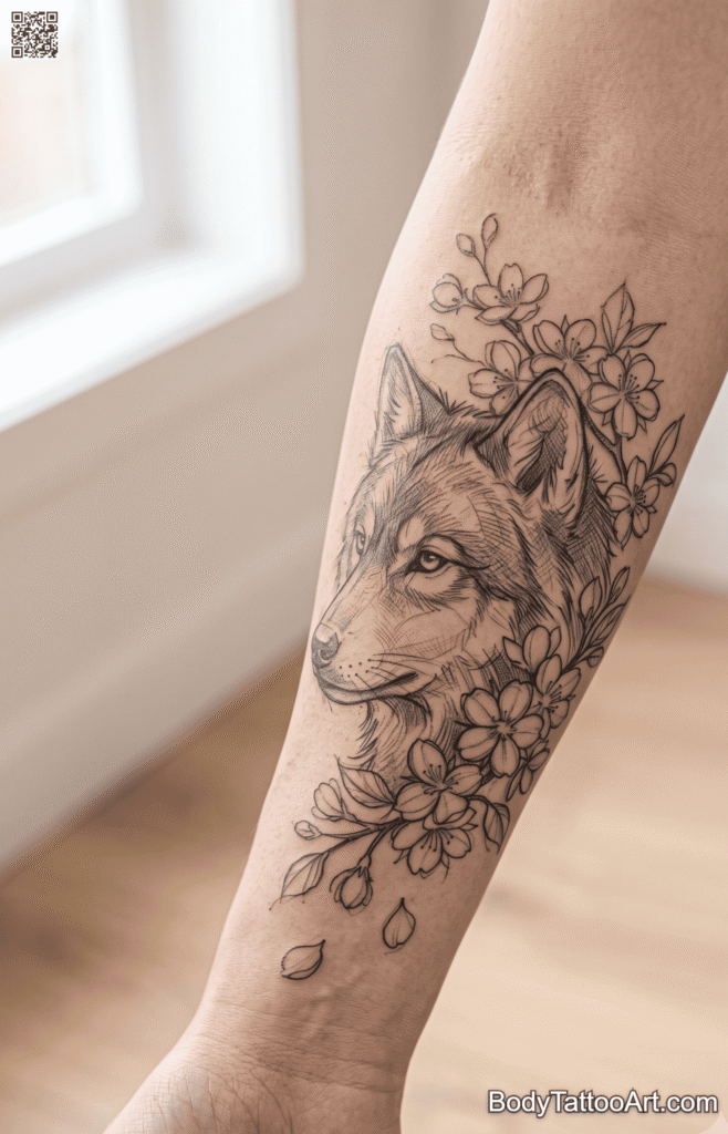 Sketch-Style Cherry Blossom With Wolf Tattoos