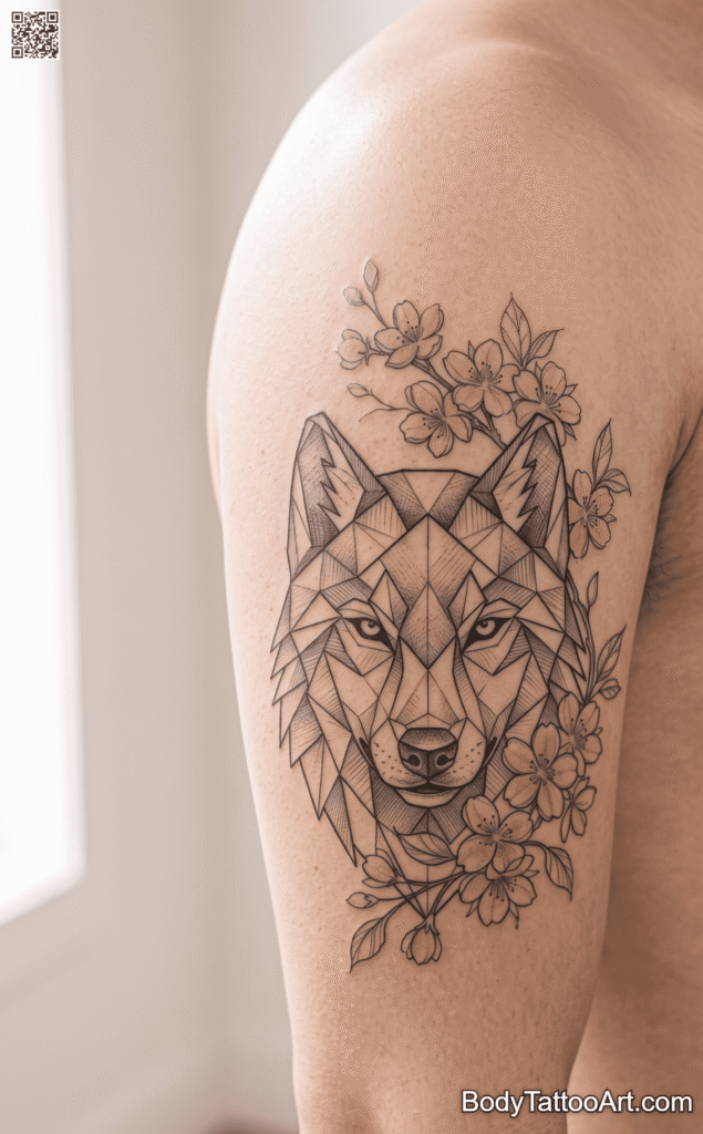 Geometric Cherry Blossom With Wolf Tattoos