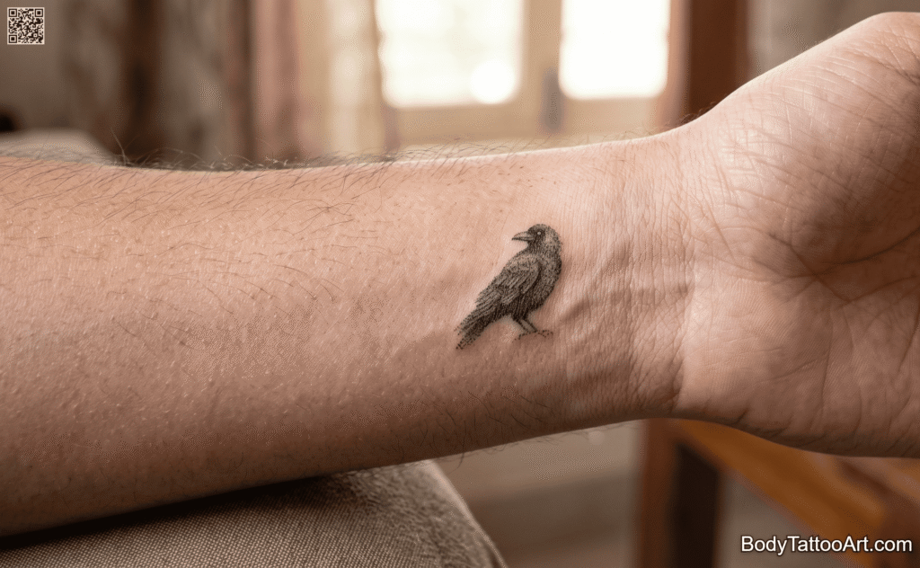 Fine dotwork, miniature scale Crow Tattoos