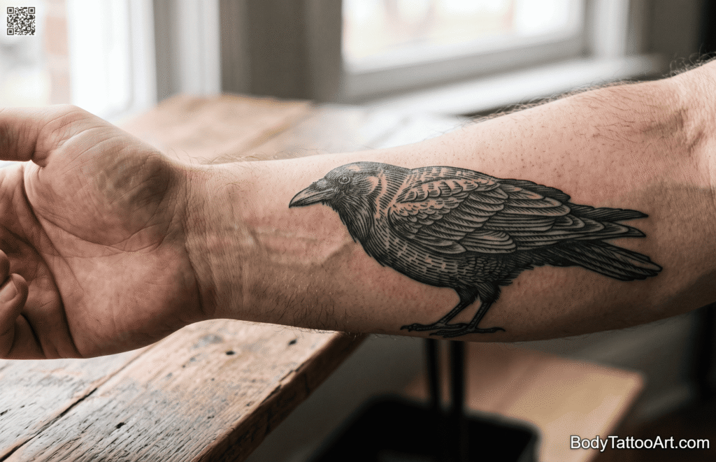 Vintage Etching-Style Crow Tattoos