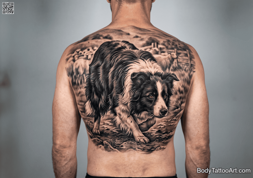 Big Realistic Border Collie Herding Scene Dog Tattoos