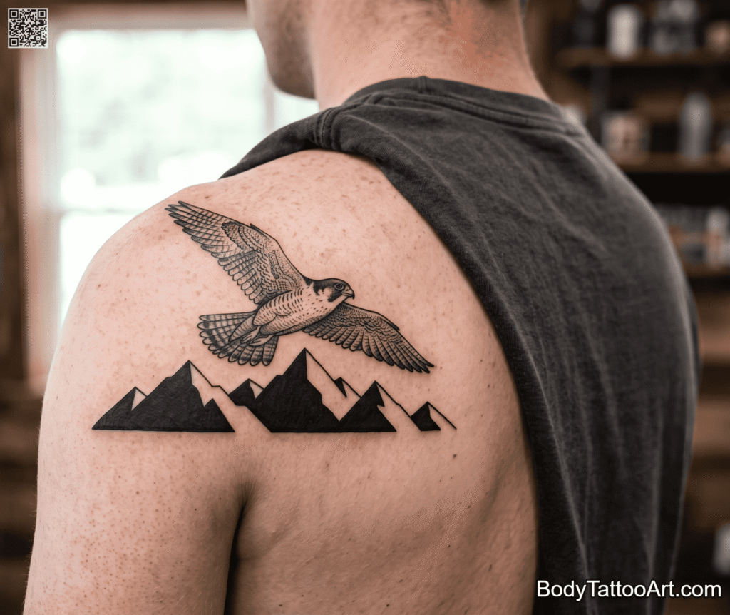 Falcon in Flight Over Mountains