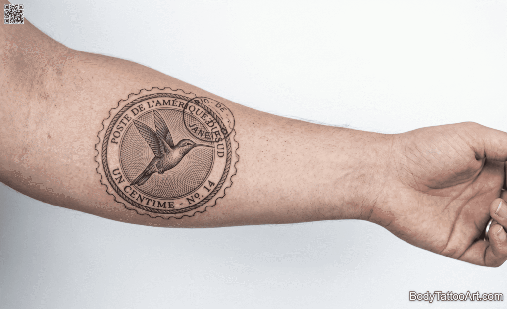 Vintage Stamp-Style Hummingbird Tattoos