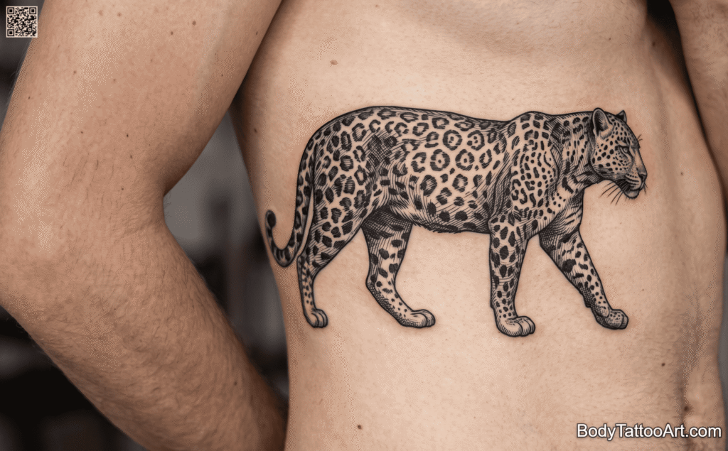 Engraving-Style Crosshatch Leopard Tattoos