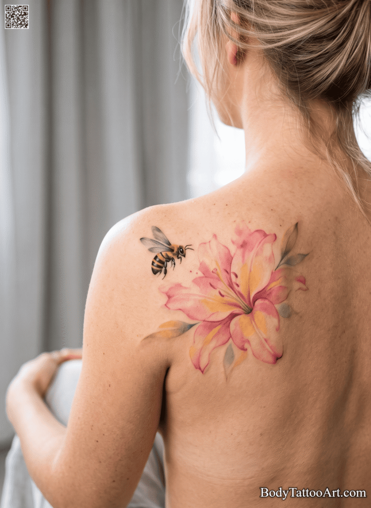 Watercolor Lily With Bee Tattoos