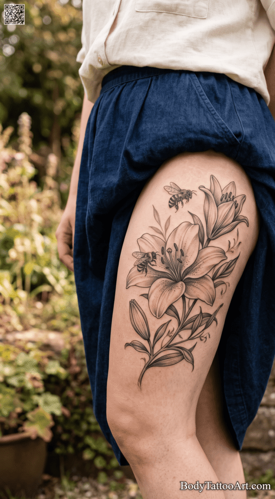 Thigh or full back Lily With Bee Tattoos