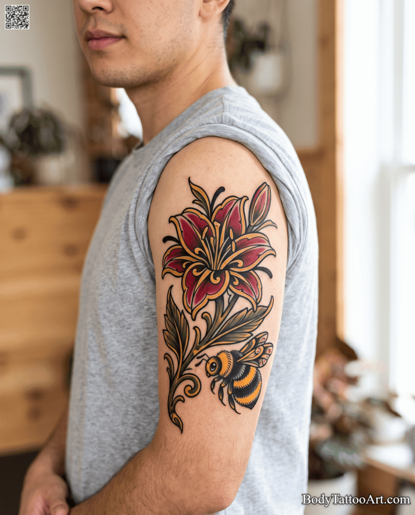  Neo-traditional Lily With Bee Tattoos