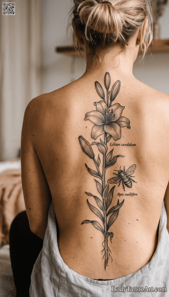  Botanical illustrative Lily With Bee Tattoos