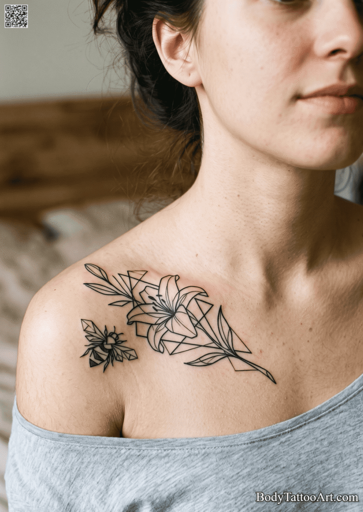  Abstract geometric Lily With Bee Tattoos