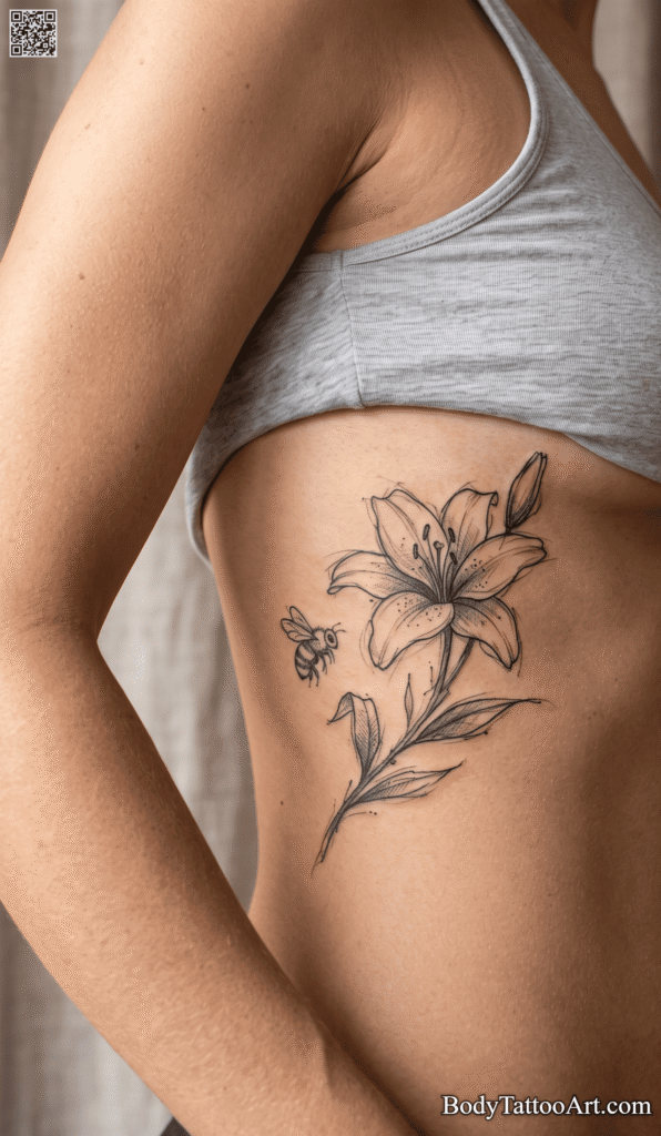 The Loose Sketch-Style Lily With Bee Tattoos