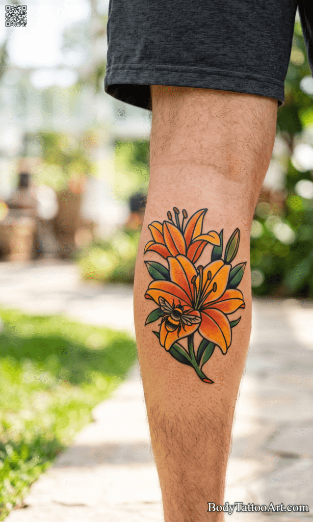 The Traditional Lily With Bee Tattoos