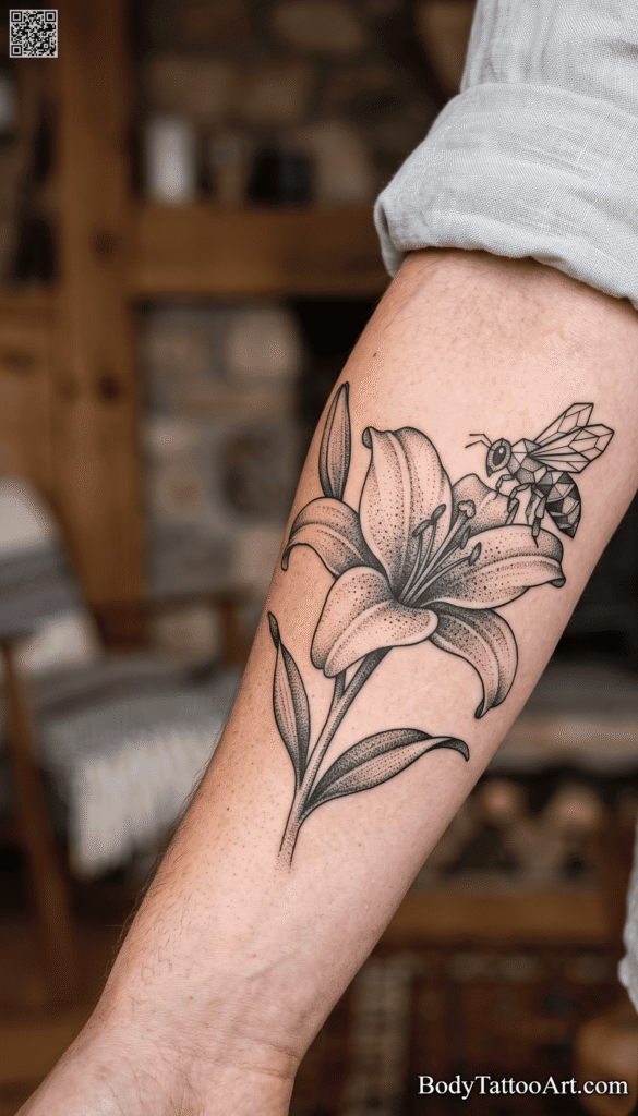 Blackwork dotwork Lily With Bee Tattoos