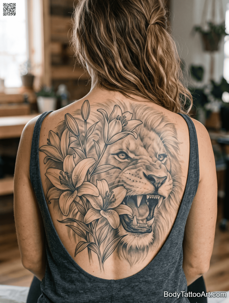 Grey-wash realism Lily With Lion Tattoos