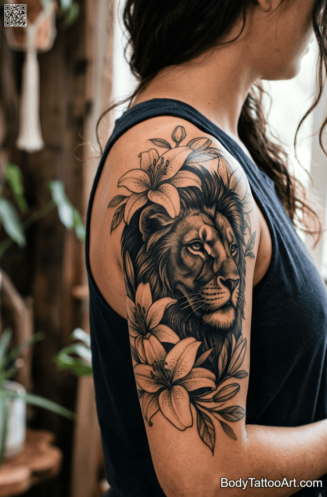 Blackwork with dotwork shading Lily With Lion Tattoos