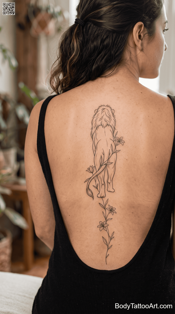 Illustrative fine line Lily With Lion Tattoos