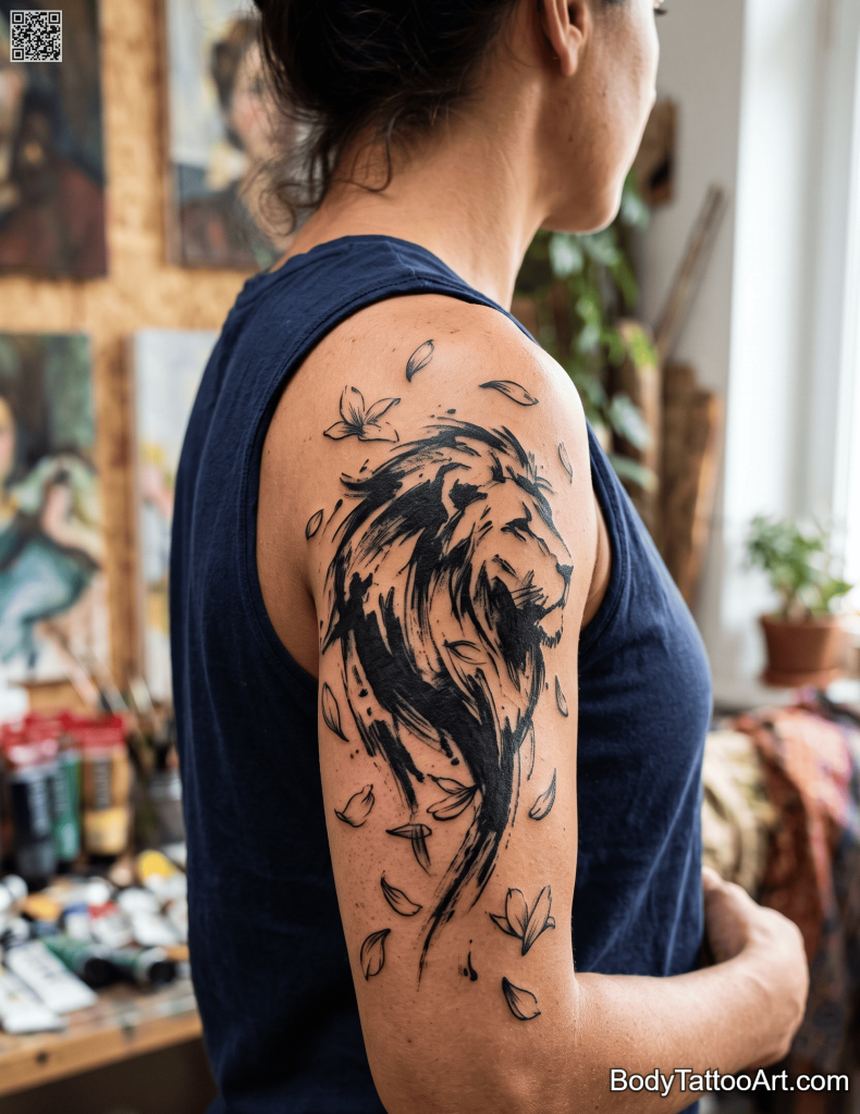 Abstract brushstroke Lily With Lion Tattoos