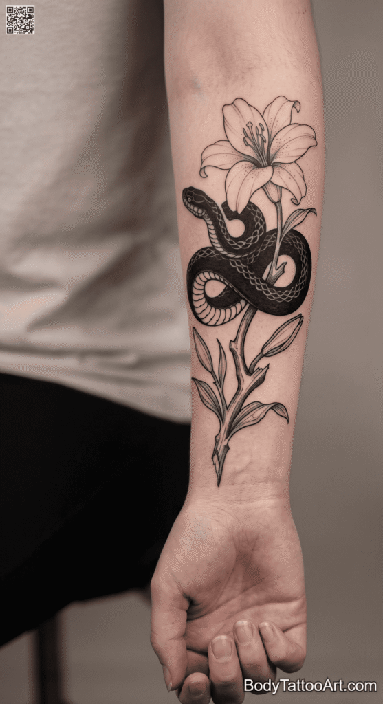 Blackwork Lily With Snake Tattoos