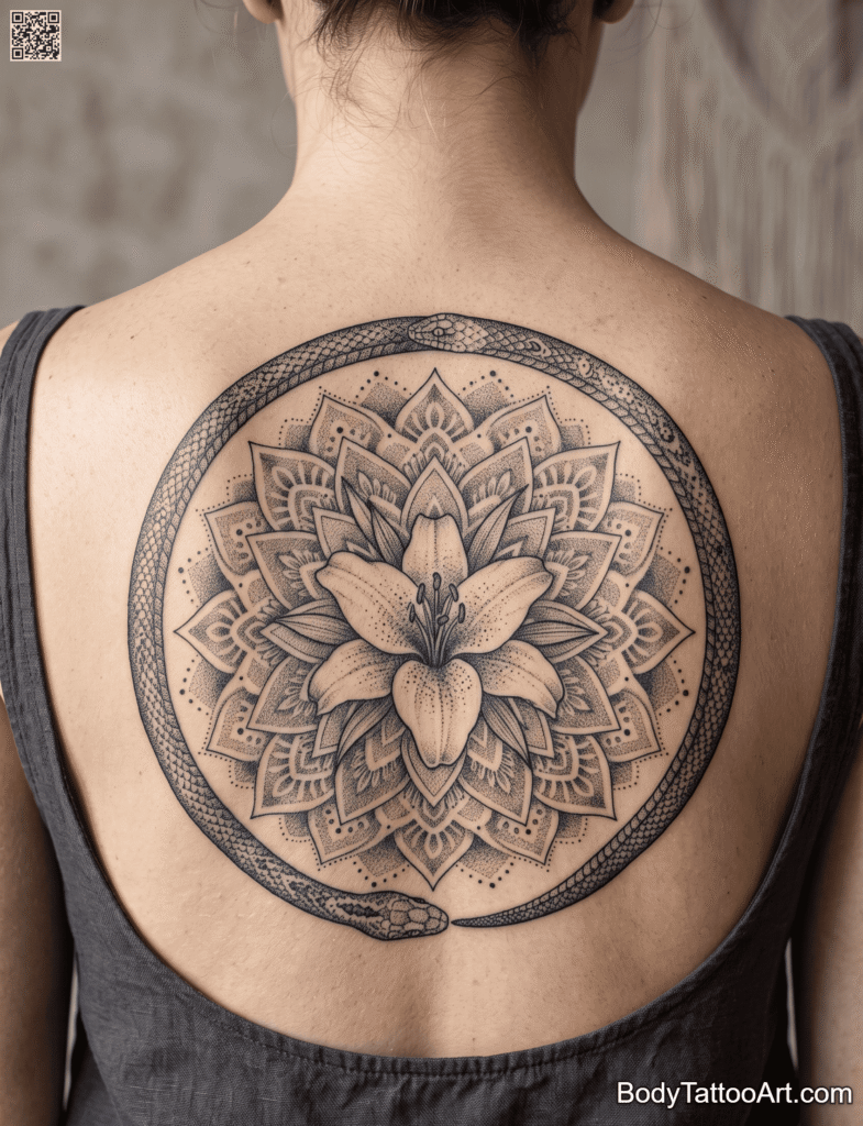 Dotwork Lily With Snake Tattoos