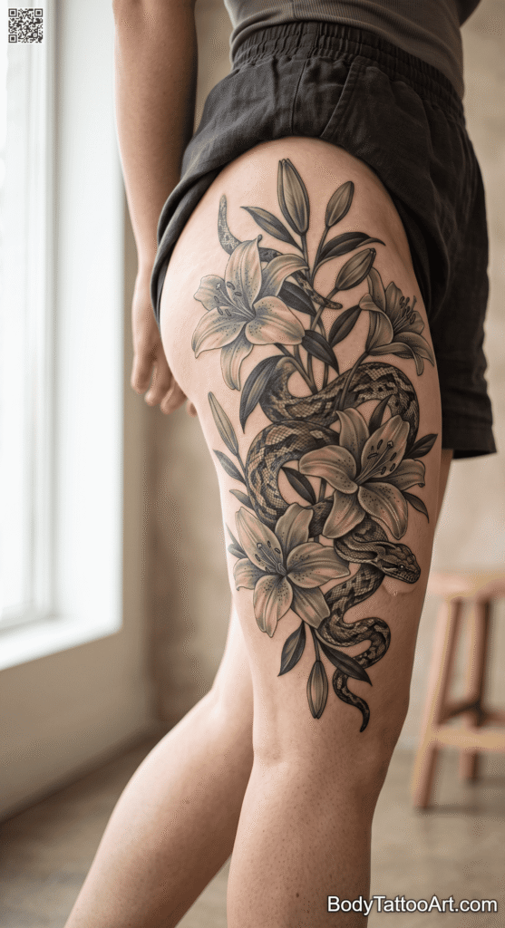 Realism Lily With Snake Tattoos