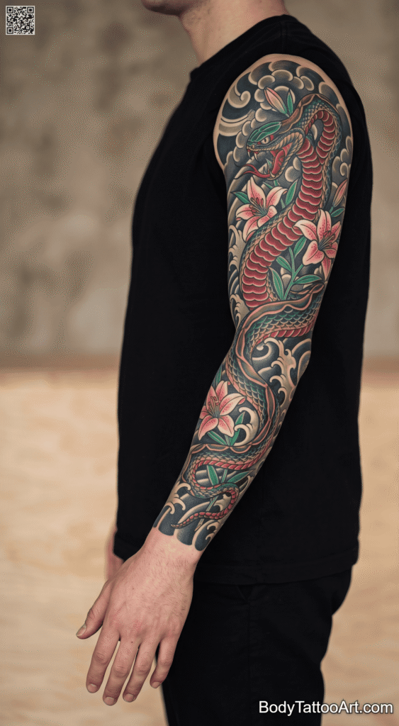 Japanese traditional (irezumi) Lily With Snake Tattoos