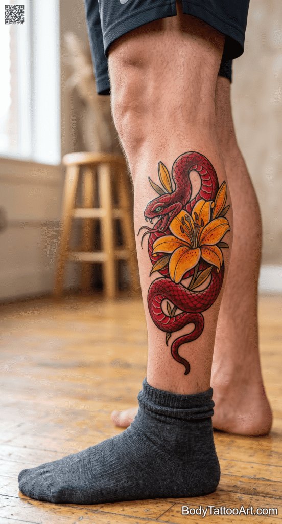 Neo-traditional Lily With Snake Tattoos