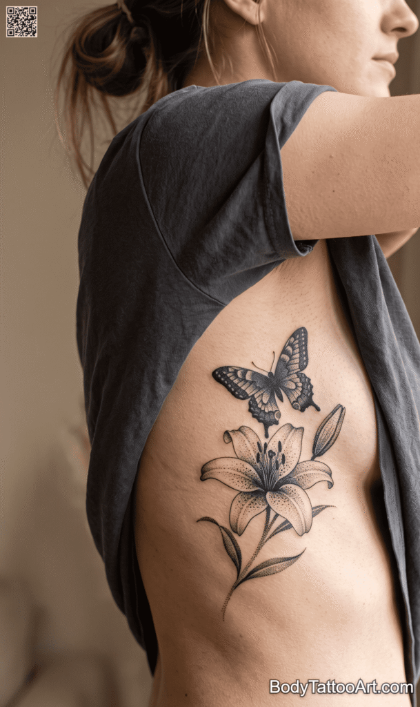 . Dotwork Shadow on the Ribcage Lily with Butterfly Tattoos