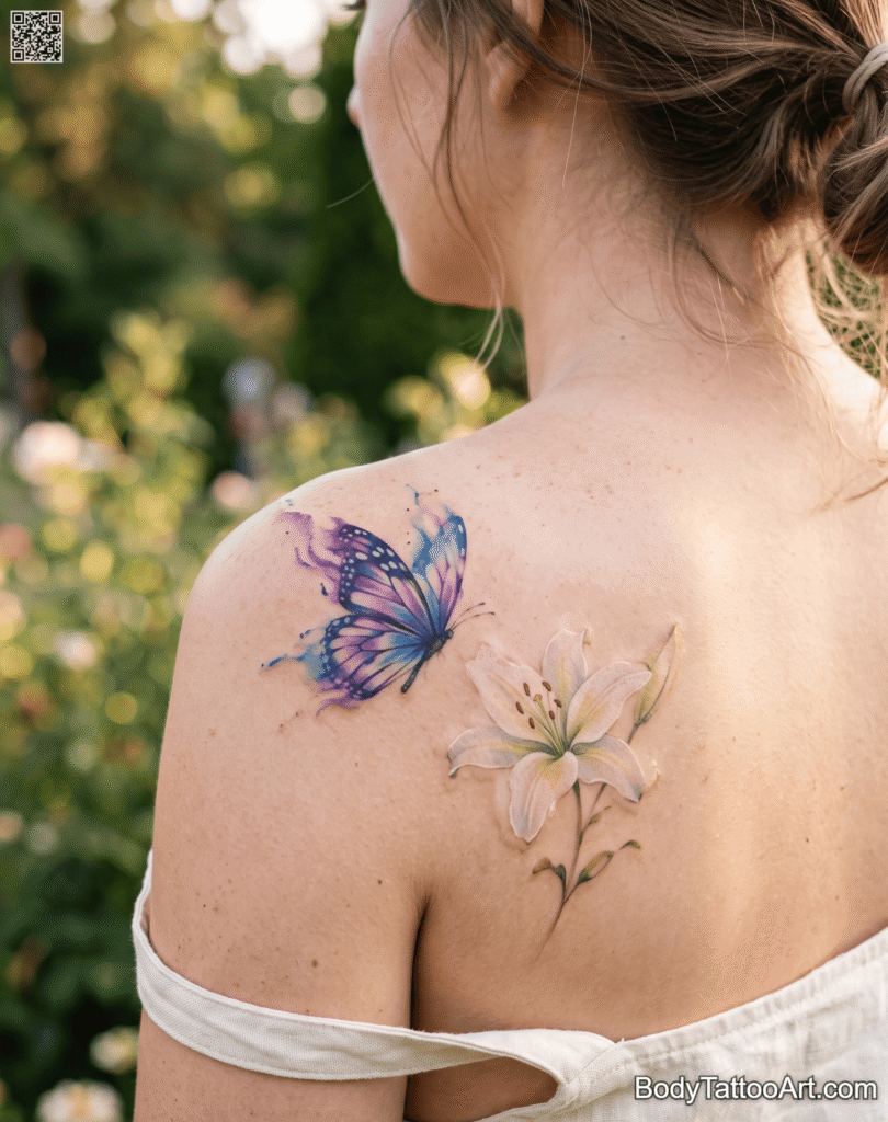 Watercolor Wings in Motion Lily with Butterfly Tattoos