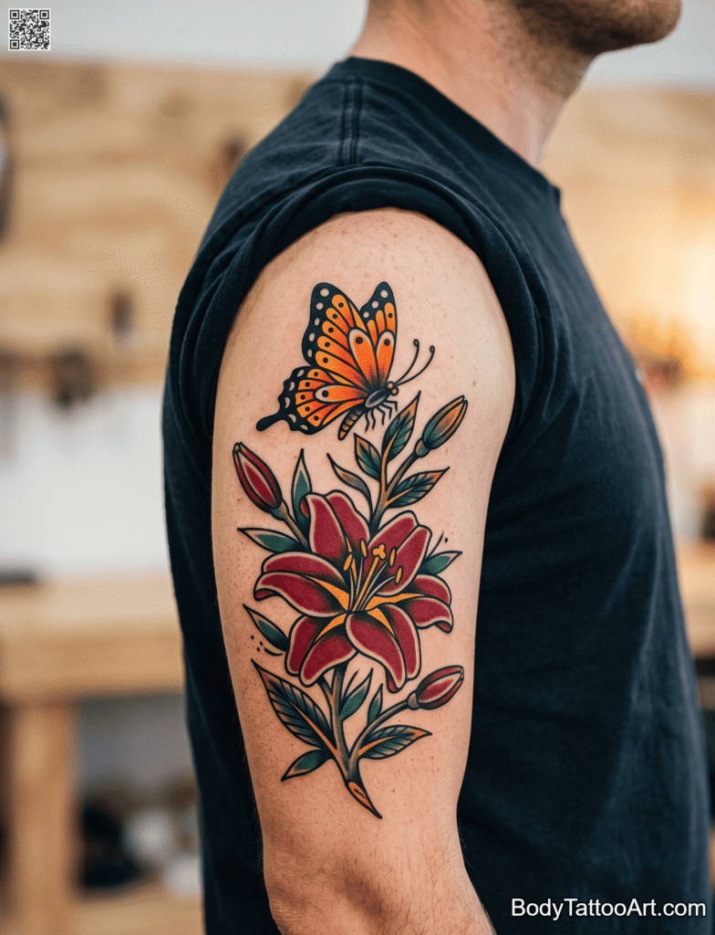 One Continuous Line Behind the Ear Lily with Butterfly Tattoos