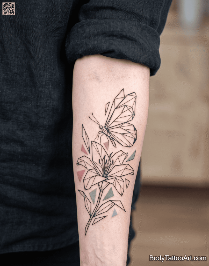 Geometric Fragmentation on the Forearm Lily with Butterfly Tattoos
