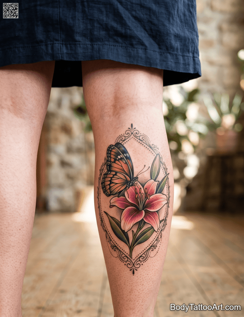  Neo-Traditional With an Ornamental Border Lily with Butterfly Tattoos