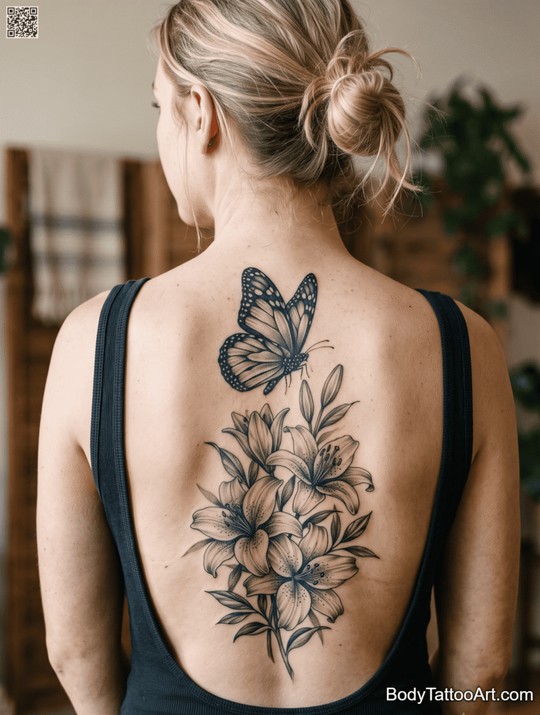 Grey-Wash Realism Along the Spine Lily with Butterfly Tattoos
