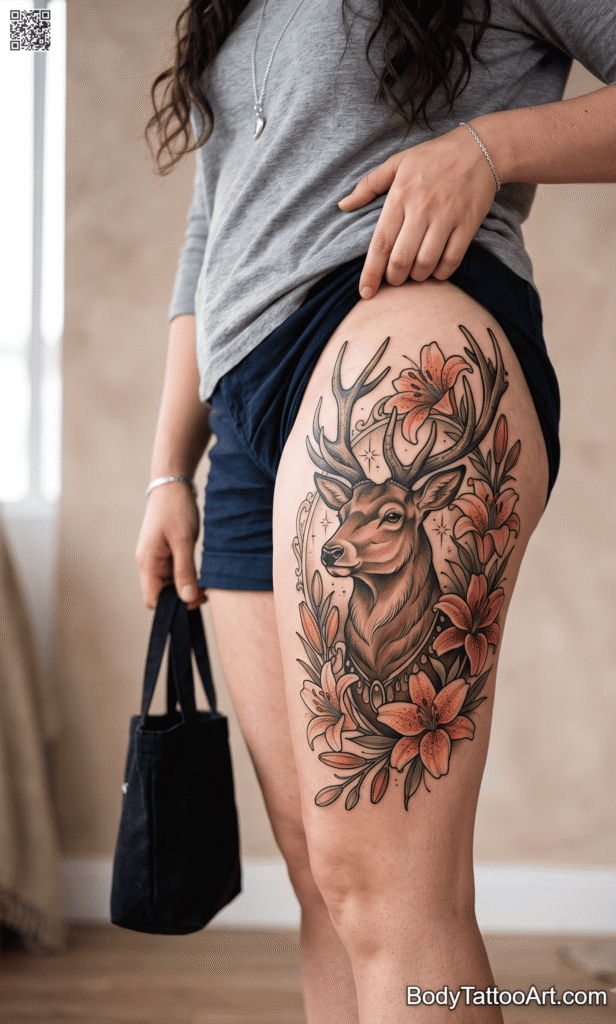Neo-traditional Lily with Deer Tattoos