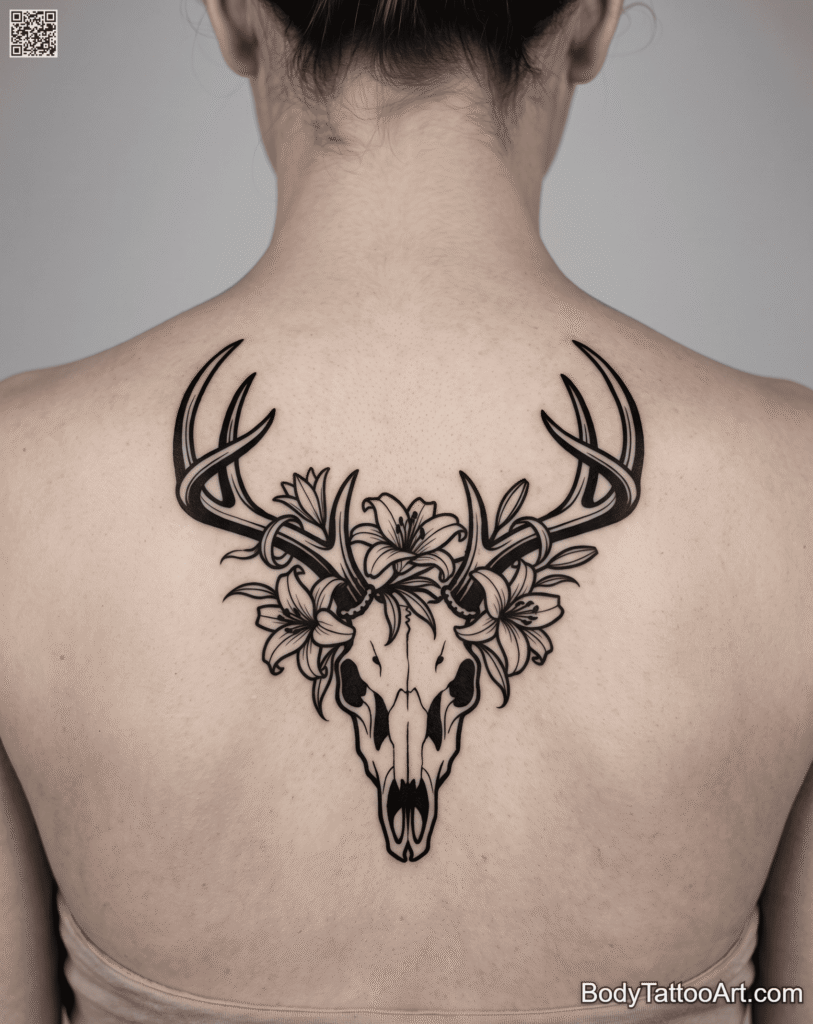 Blackwork Lily with Deer Tattoos