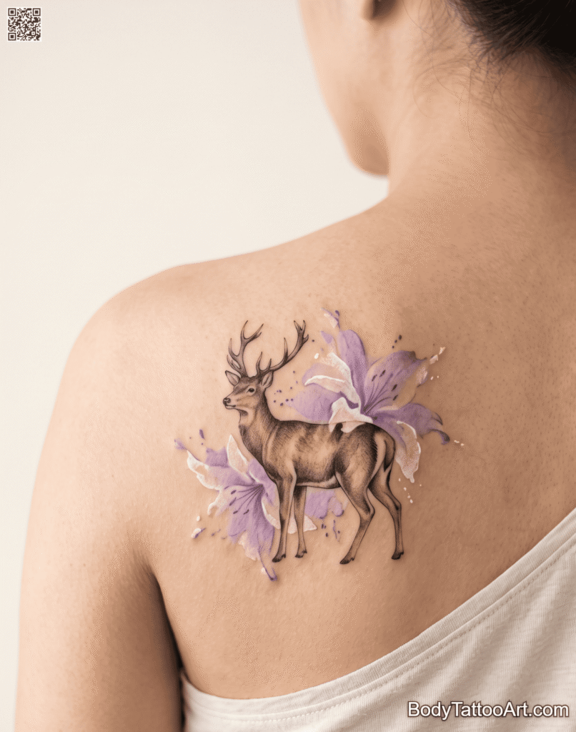 Watercolor Lily with Deer Tattoos