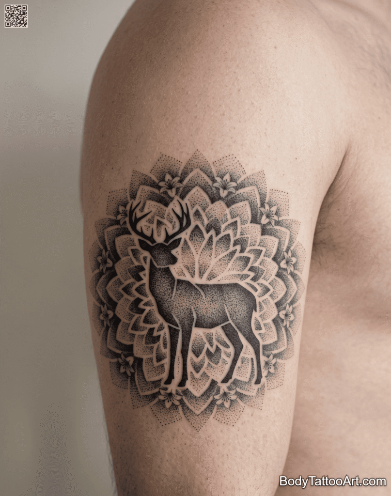 Dotwork Lily with Deer Tattoos
