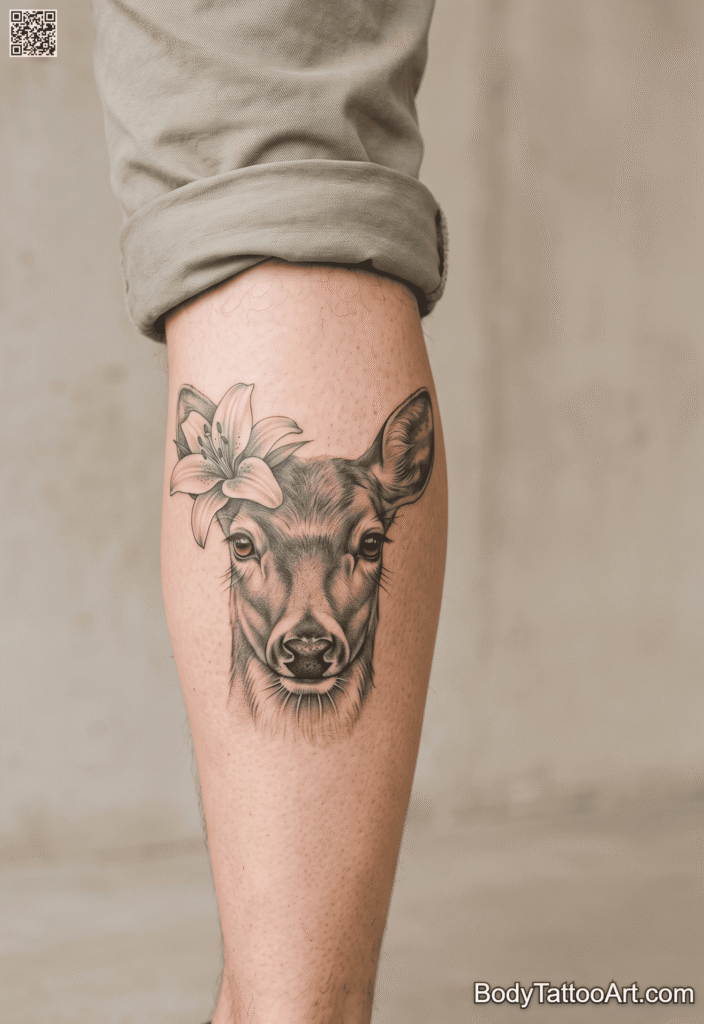Grey-wash realism Lily with Deer Tattoos