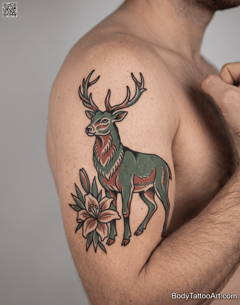 American traditional Lily with Deer Tattoos