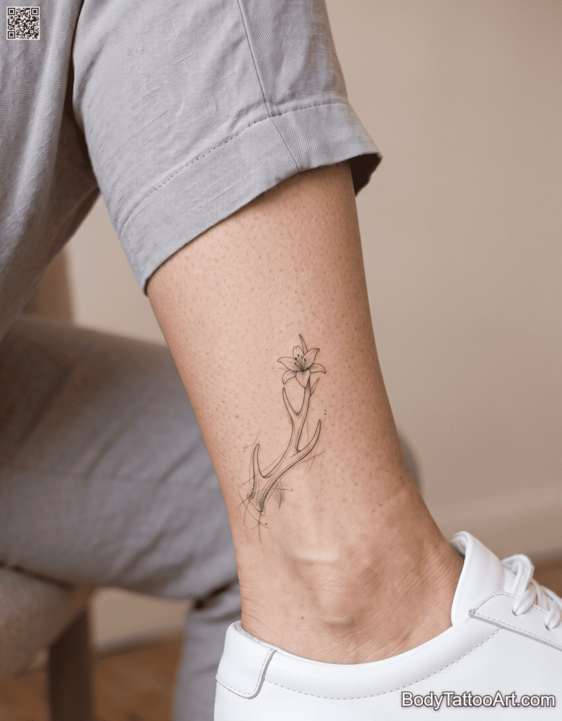 Sketch-style fine line Lily with Deer Tattoos