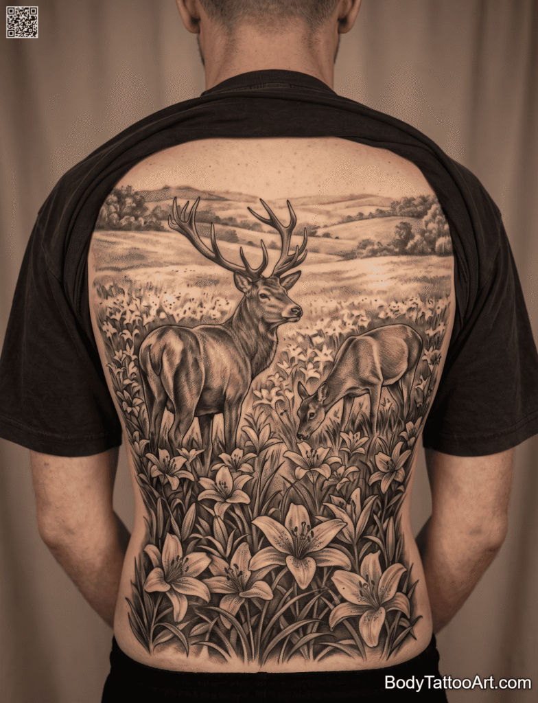 Illustrative realism Lily with Deer Tattoos