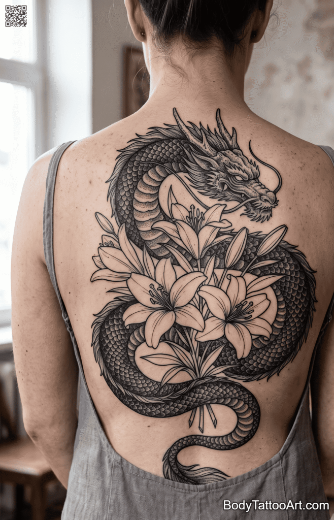 Upper back Lily with Dragon Tattoos