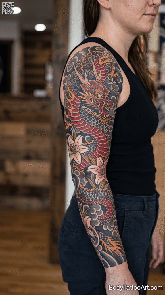 Full sleeve Lily with Dragon Tattoos