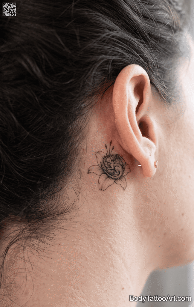 Behind the ear or on a finger Lily with Dragon Tattoos