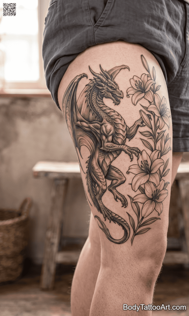  Thigh or chest Lily with Dragon Tattoos