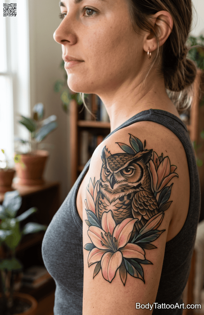 Neo-Traditional Owl With Layered Lily Petals